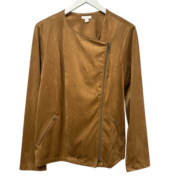 J. JILL Faux Suede Moto Jacket Medium Brown Stretch Zip Front Western Biker - Picture 5 of 10